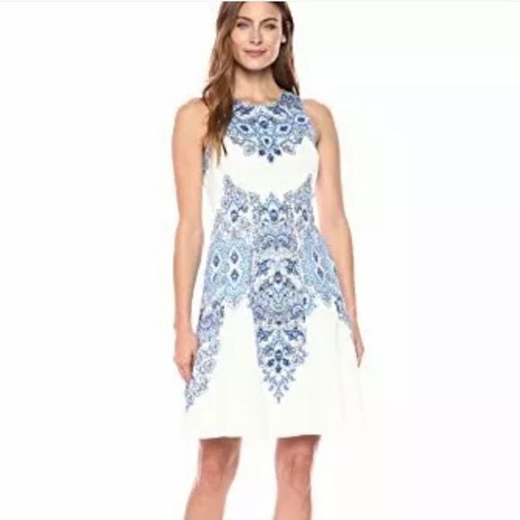 Maggy London Sleeveless Dress | Fit and‎ Flare Blue White 8 - Picture 1 of 14